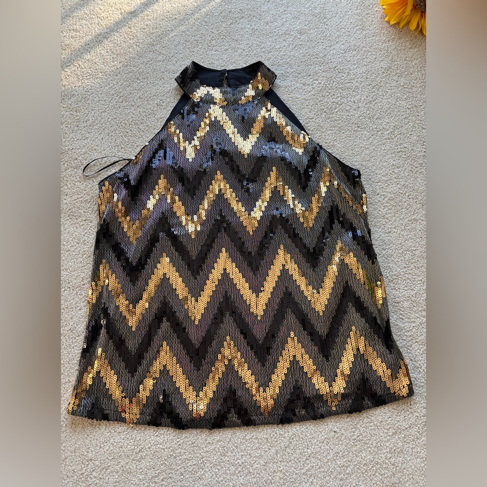 Cable & Gauge Gold Black Sequin Chevron Sleeveless Blouse Size M